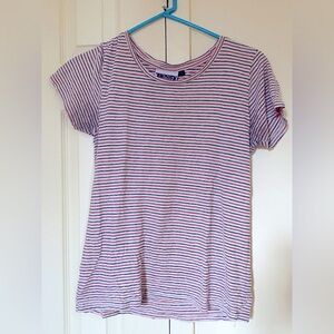 Jung Maven: Cotton and Hemp Cap Sleeve T-Shirt in Cream, Red and Blue